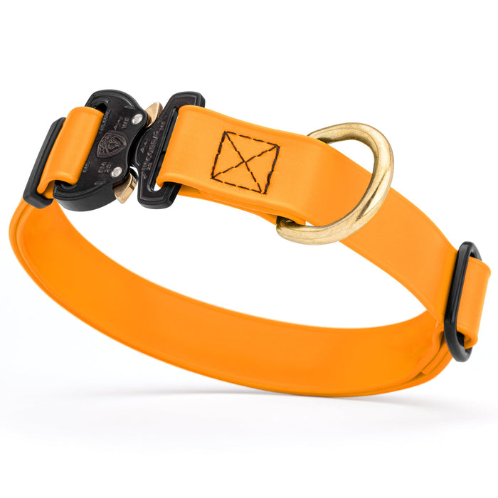 Tangerine Orange waterproof dog collar with Cobra metal buckle and brass D-ring, made from Biothane webbing, adjustable length