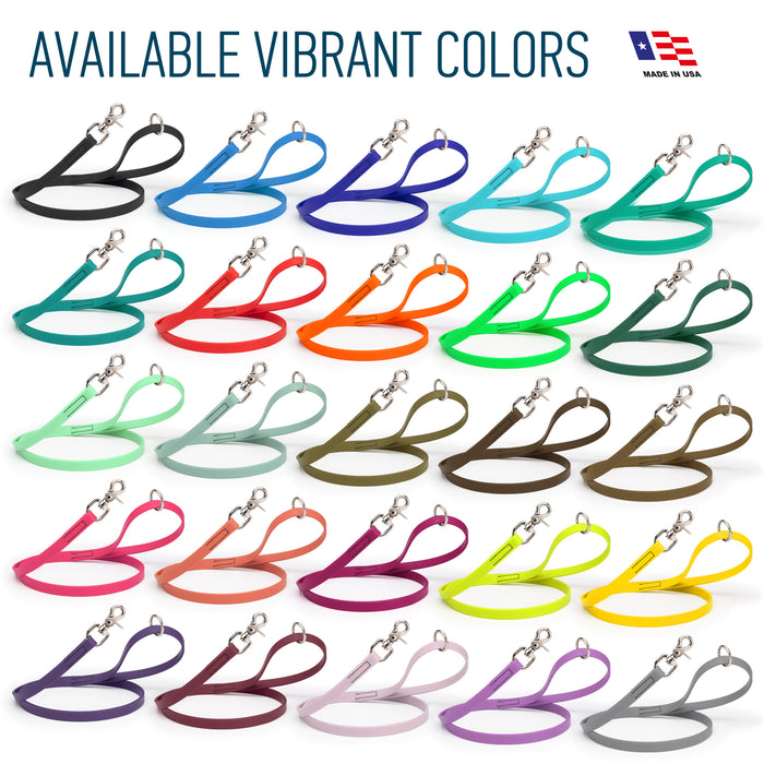 Biothane dog leashes with nickel scissor snap are available in 25 colors