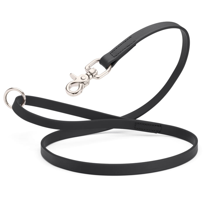 Black Biothane dog leash with nickel-plated scissor snap and O-ring, 5/8 inch wide