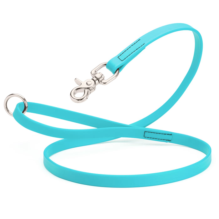Sky Blue Biothane dog leash with nickel-plated scissor snap and O-ring, 5/8 inch wide