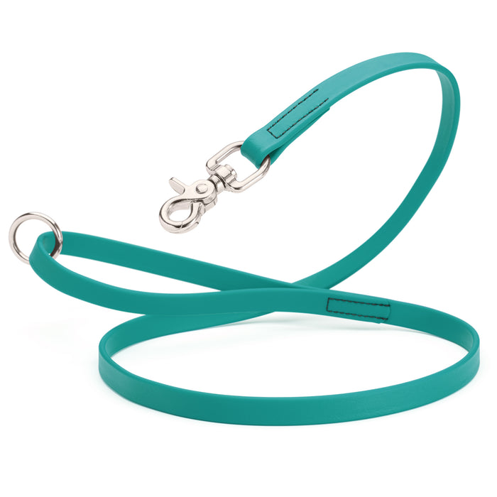 Aqua Blue Biothane dog leash with nickel-plated scissor snap and O-ring, 5/8 inch wide