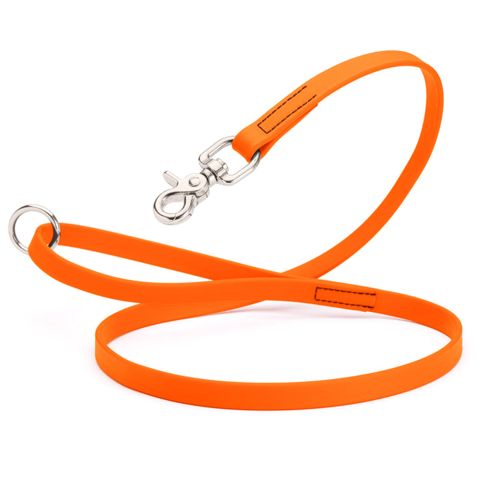 Hunter Orange Biothane dog leash with nickel-plated scissor snap and O-ring, 5/8 inch wide