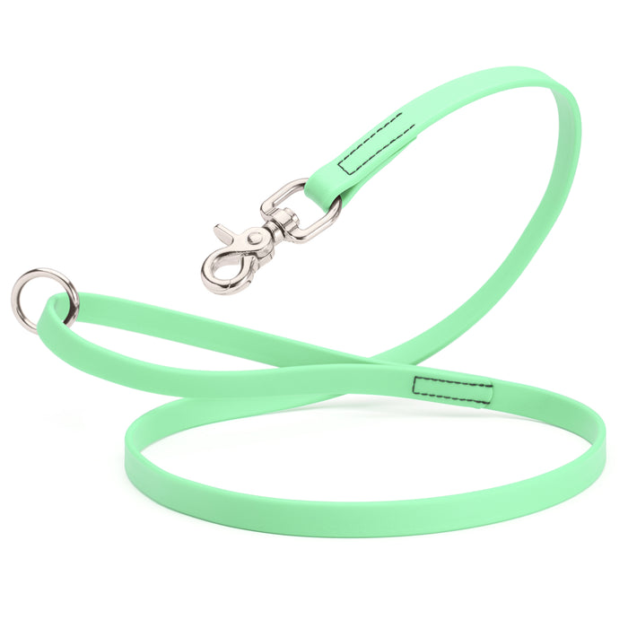 Seafoam Green Biothane dog leash with nickel-plated scissor snap and O-ring, 5/8 inch wide