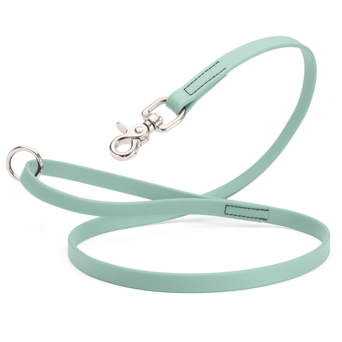 Sage Green Biothane dog leash with nickel-plated scissor snap and O-ring, 5/8 inch wide