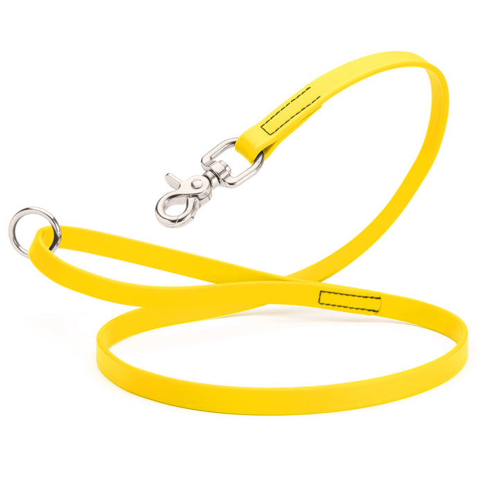 Lemon Yellow Biothane dog leash with nickel-plated scissor snap and O-ring, 5/8 inch wide