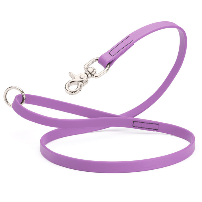 Amethyst Purple Biothane dog leash with nickel-plated scissor snap and O-ring, 5/8 inch wide