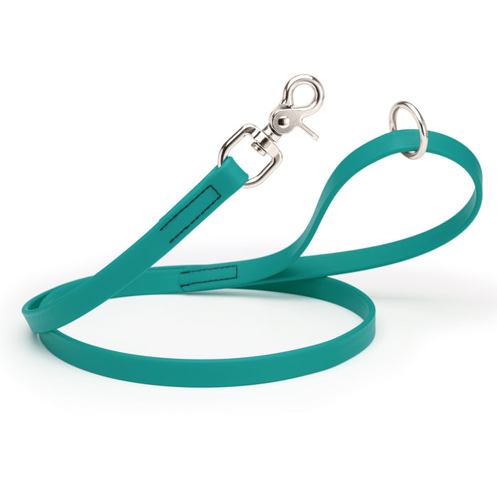 Aqua Blue dog leash with silver trigger snap and O-ring, made from waterproof Biothane, 3/4 inch wide