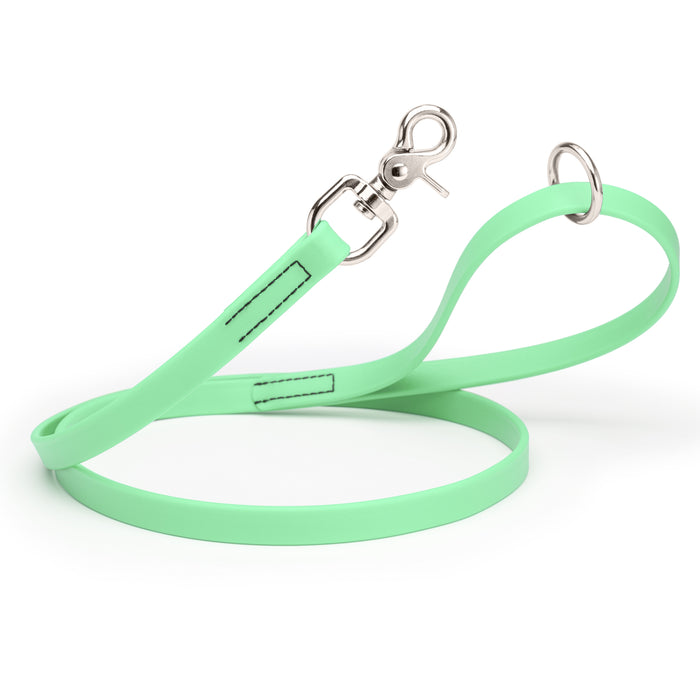 Seafoam Green dog leash with silver trigger snap and O-ring, made from waterproof Biothane, 3/4 inch wide
