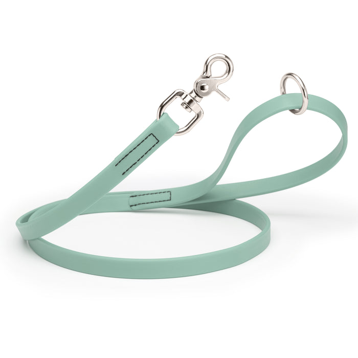 Sage Green dog leash with silver trigger snap and O-ring, made from waterproof Biothane, 3/4 inch wide