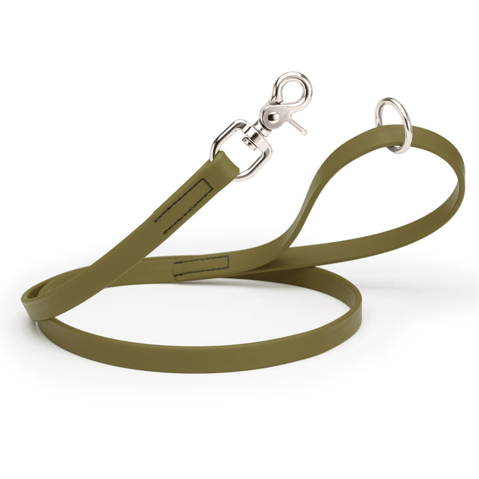 Olive Drab Green dog leash with silver trigger snap and O-ring, made from waterproof Biothane, 3/4 inch wide