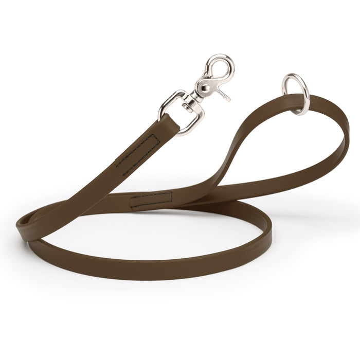 Dark Chocolate Brown dog leash with silver trigger snap and O-ring, made from waterproof Biothane, 3/4 inch wide