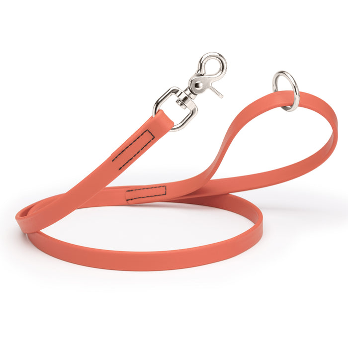 Coral dog leash with silver trigger snap and O-ring, made from waterproof Biothane, 3/4 inch wide