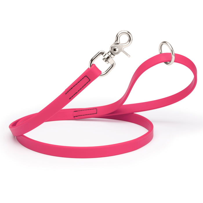 Passionfruit Pink dog leash with silver trigger snap and O-ring, made from waterproof Biothane, 3/4 inch wide