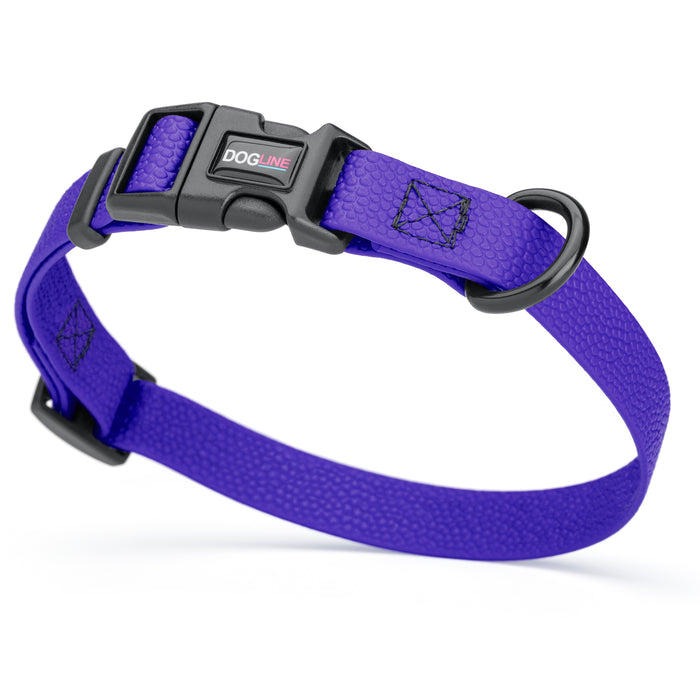 Blueberry waterproof dog collar with plastic quick release buckle and metal D-ring, made from pebble textured Biothane, 3/4 inch wide