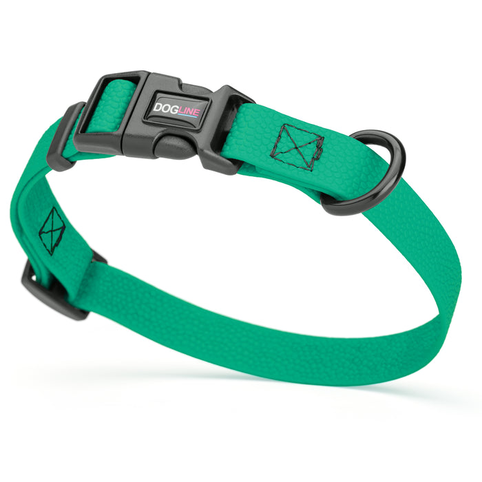 Teal waterproof dog collar with plastic quick release buckle and metal D-ring, made from pebble textured Biothane, 3/4 inch wide
