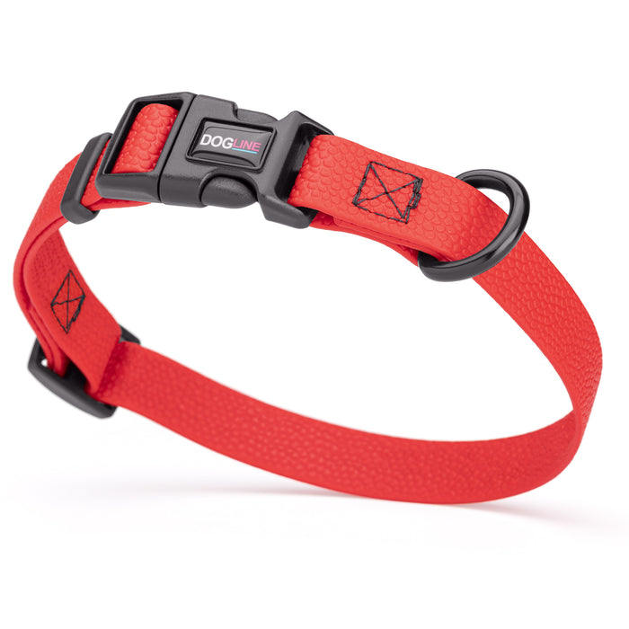 Cherry Red waterproof dog collar with plastic quick release buckle and metal D-ring, made from pebble textured Biothane, 3/4 inch wide