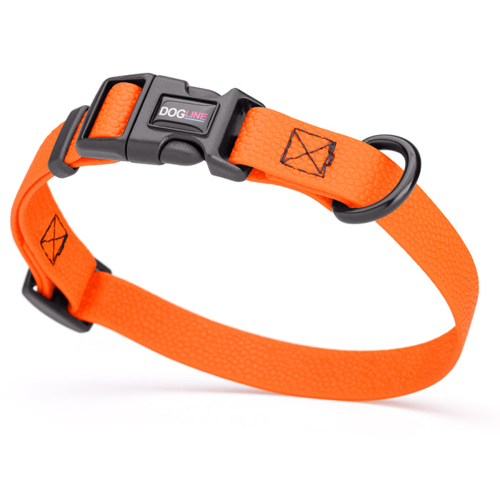Hunter Orange waterproof dog collar with plastic quick release buckle and metal D-ring, made from pebble textured Biothane, 3/4 inch wide