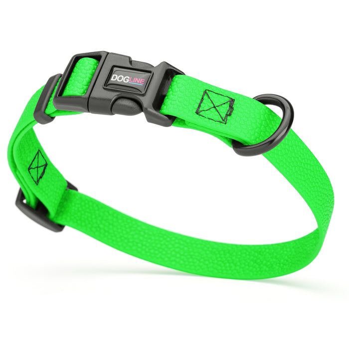 Tropical Green waterproof dog collar with plastic quick release buckle and metal D-ring, made from pebble textured Biothane, 3/4 inch wide