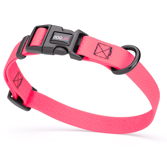 Hot Pink waterproof dog collar with plastic quick release buckle and metal D-ring, made from pebble textured Biothane, 3/4 inch wide