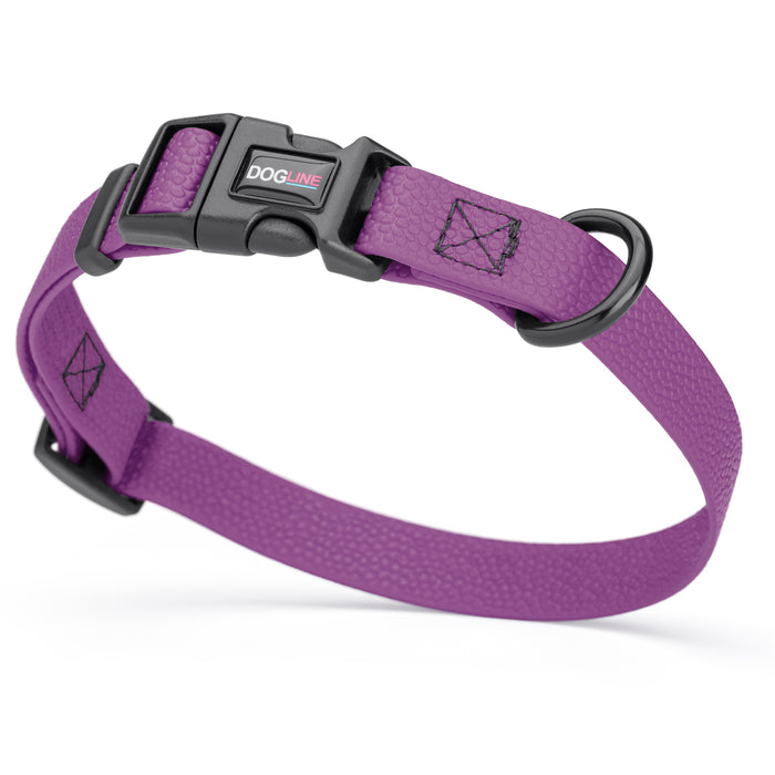 Grape Purple waterproof dog collar with plastic quick release buckle and metal D-ring, made from pebble textured Biothane, 3/4 inch wide