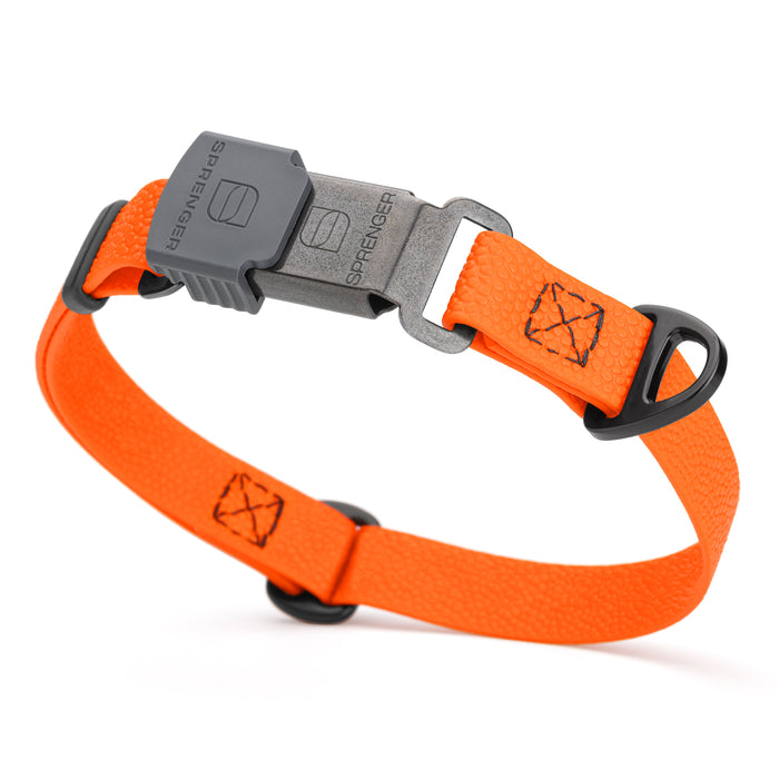 Hunter Orange Biothane dog collar with pebble textured coating and Herm Sprenger black buckle, 3/4 inch wide, adjustable