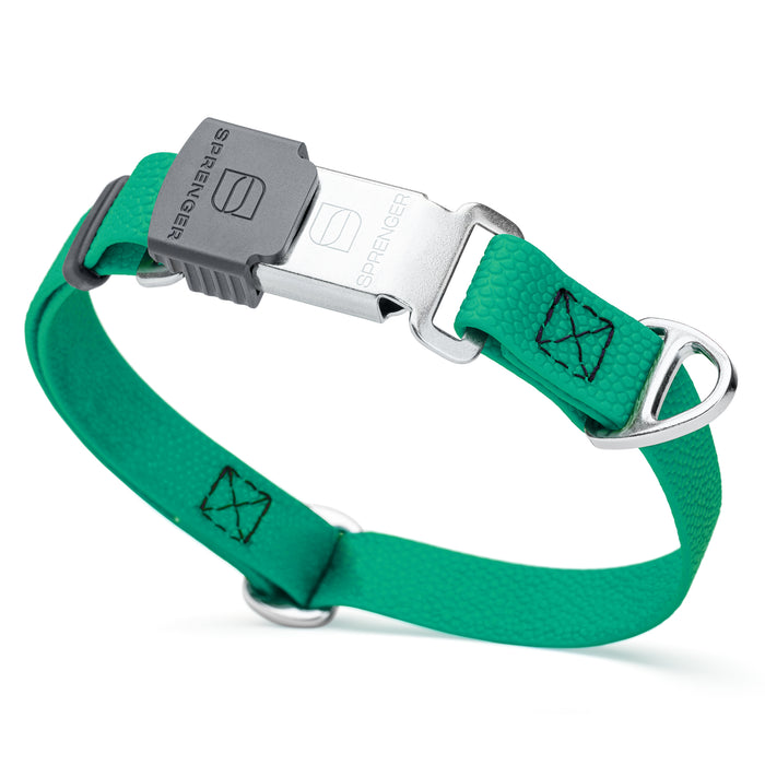 Teal waterproof dog collar with Herm Sprenger stainless steel buckle, made from pebble embossed Biothane, 3/4 inch wide