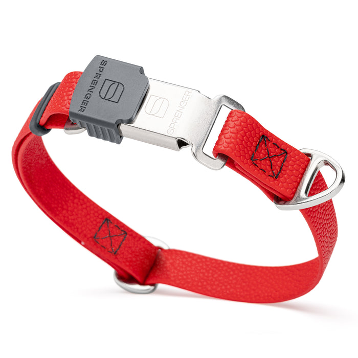 Cherry Red waterproof dog collar with Herm Sprenger stainless steel buckle, made from pebble embossed Biothane, 3/4 inch wide