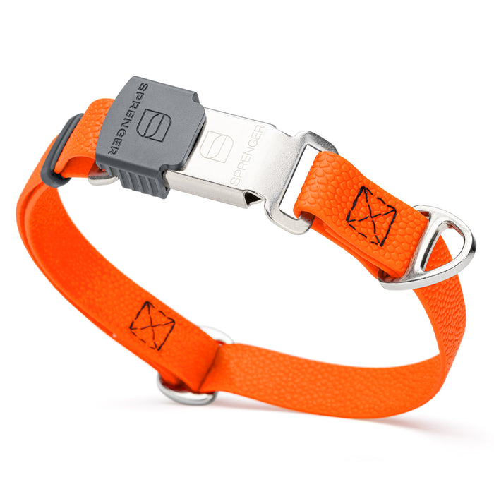 Hunter Orange waterproof dog collar with Herm Sprenger stainless steel buckle, made from pebble embossed Biothane, 3/4 inch wide