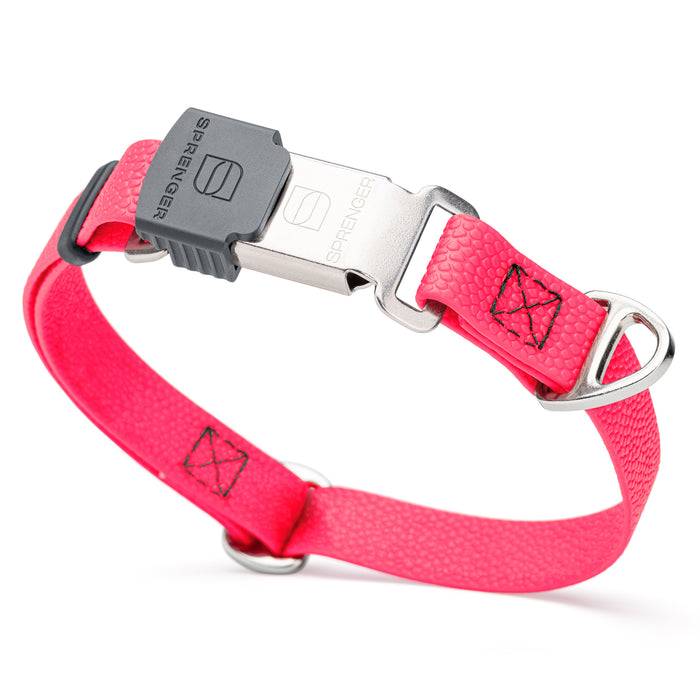 Hot Pink waterproof dog collar with Herm Sprenger stainless steel buckle, made from pebble embossed Biothane, 3/4 inch wide