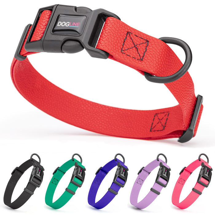 Pebble textured Biothane dog collar with plastic quick release buckle and metal D-ring, adjustable. Red, black, teal, blue, purple, pink, and 2 other colors available