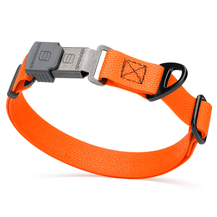 Pebble Grip Biothane dog collar with Herm Sprenger black Cliclock buckle, 1 inch wide, Hunter Orange 