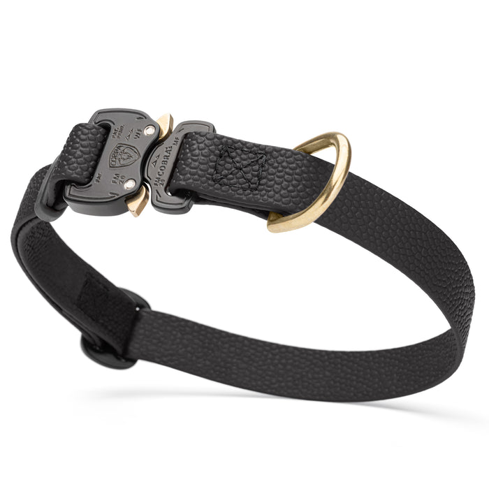 Cobra buckle dog collar with brass D-ring, made from pebbled Biothane, 3/4 inch wide, adjustable, Black