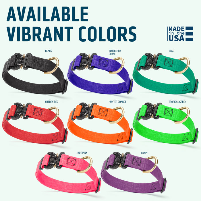 Pebble Emboss Biothane dog collars with Cobra buckle are available in 8 colors. Made in the USA