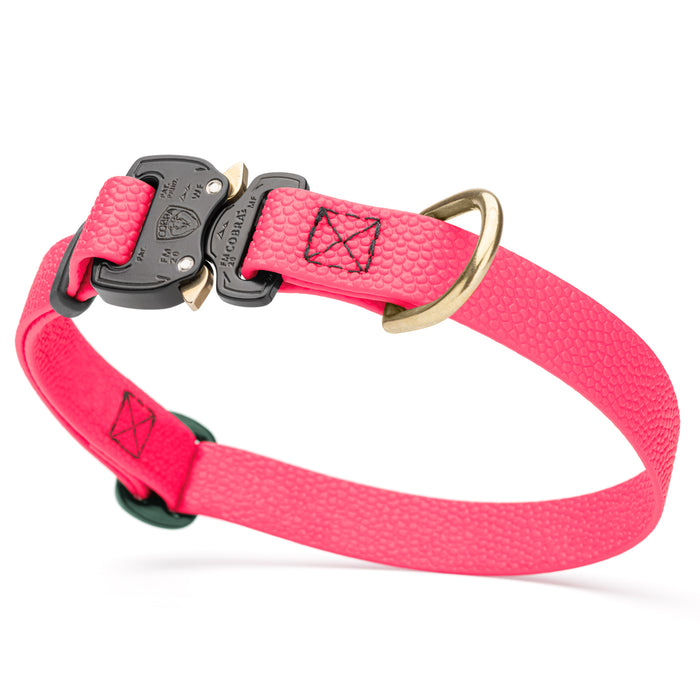 Cobra buckle dog collar with brass D-ring, made from pebbled Biothane, 3/4 inch wide, adjustable, Hot Pink
