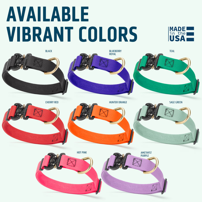 Pebble textured Biothane dog collars with metal Cobra buckle are available in 8 colors