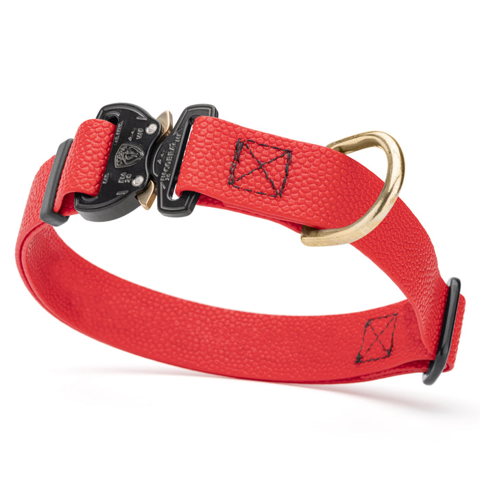 Cherry Red Biothane dog collar with pebbled coating, Cobra buckle, and brass D-ring, 1 inch wide, adjustable