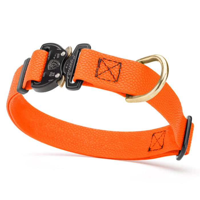 Hunter Orange Biothane dog collar with pebbled coating, Cobra buckle, and brass D-ring, 1 inch wide, adjustable