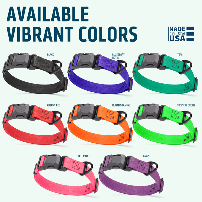 Pebble textured Biothane dog collars with magnetic buckle are available in 8 colors