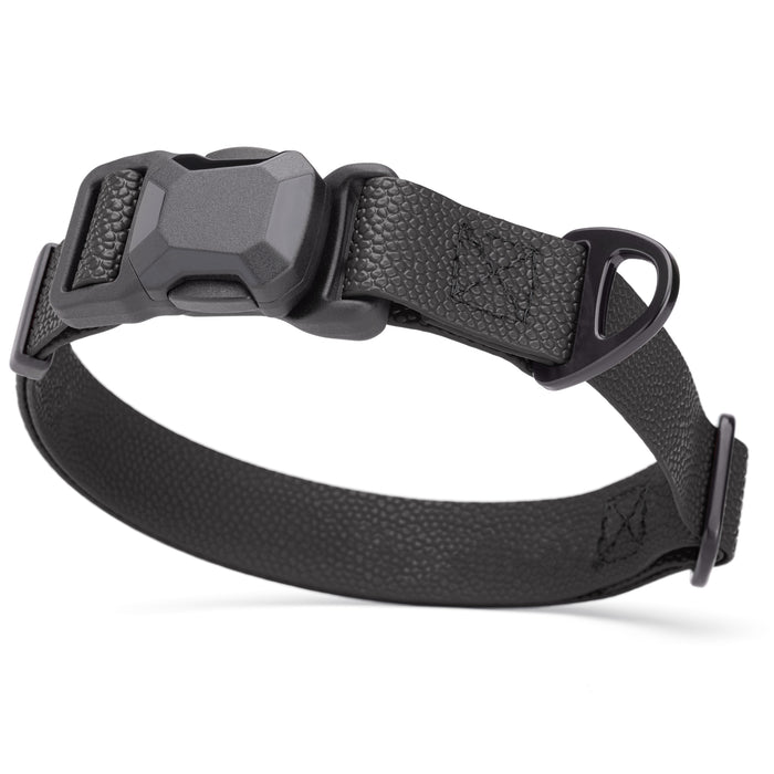 Black Biothane dog collar with textured coating, magnetic buckle and metal D-ring, 1 inch wide