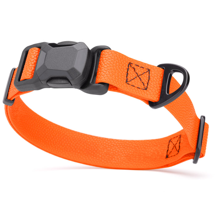 Hunter Orange Biothane dog collar with textured coating, magnetic buckle and metal D-ring, 1 inch wide