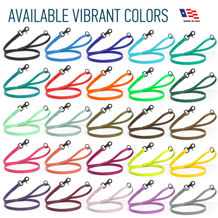Biothane dog leashes with black scissor snap are available in 25 colors
