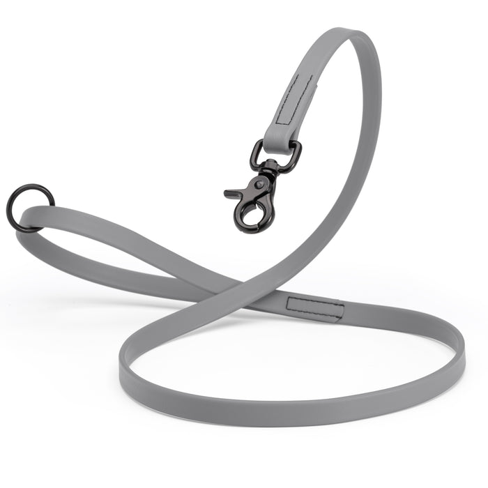 Battleship Gray Biothane dog leash with black scissor snap and O-ring, 5/8 inch wide