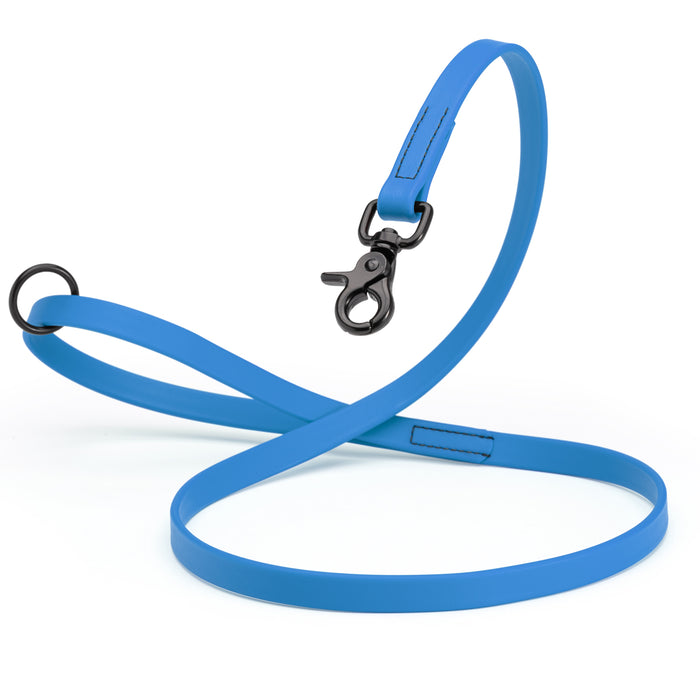 Cerulean Blue Biothane dog leash with black scissor snap and O-ring, 5/8 inch wide