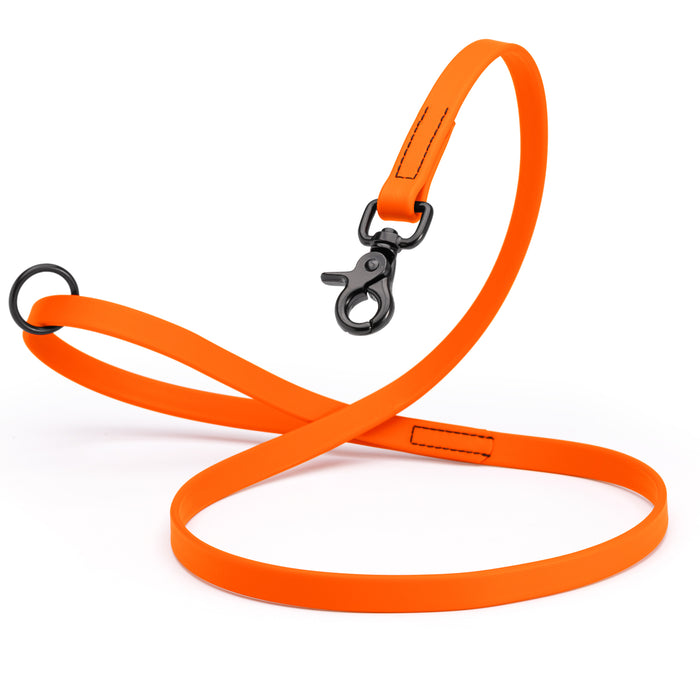 Hunter Orange Biothane dog leash with black scissor snap and O-ring, 5/8 inch wide