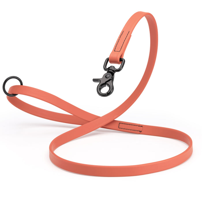 Coral Biothane dog leash with black scissor snap and O-ring, 5/8 inch wide