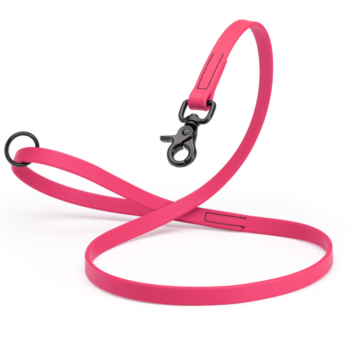 Passionfruit Pink Biothane dog leash with black scissor snap and O-ring, 5/8 inch wide