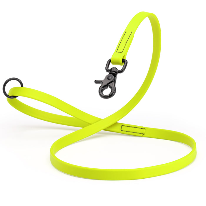 Safety Yellow Biothane dog leash with black scissor snap and O-ring, 5/8 inch wide