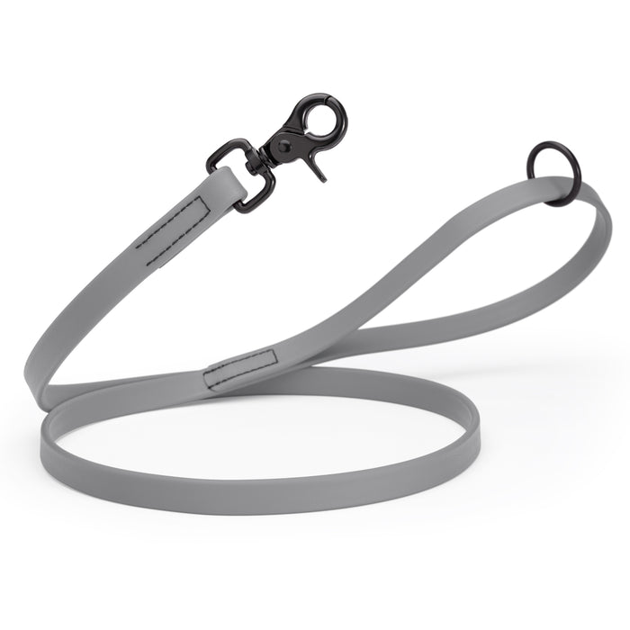 Battleship Gray dog leash with black clasp and O-ring, made from waterproof Biothane, 3/4 inch wide