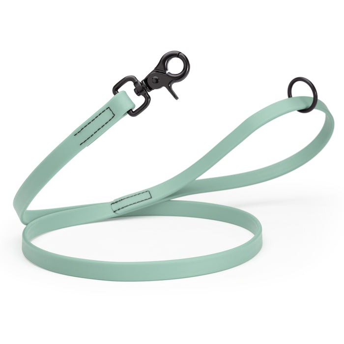 Sage Green dog leash with black clasp and O-ring, made from waterproof Biothane, 3/4 inch wide