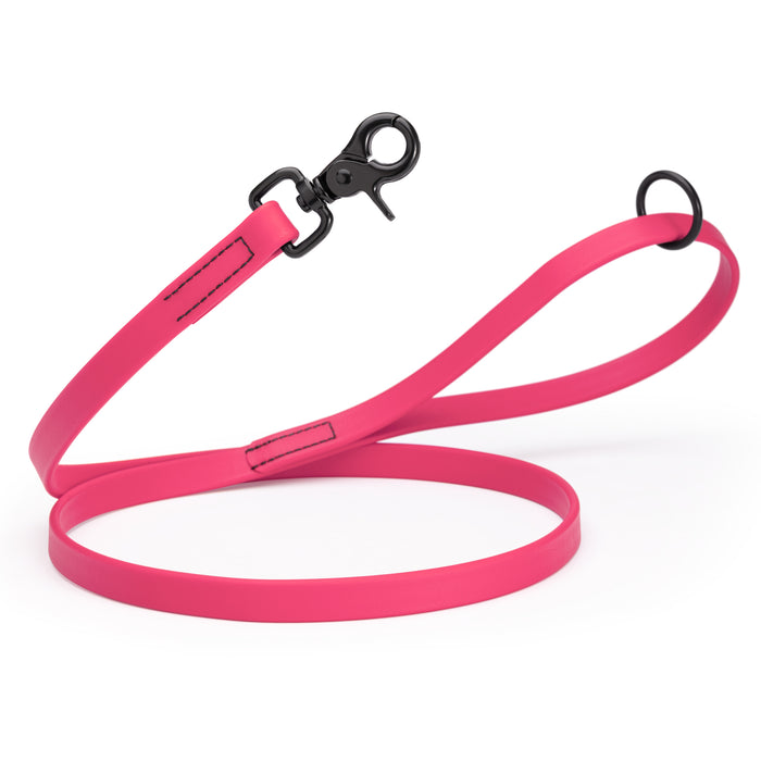 Passionfruit Pink dog leash with black clasp and O-ring, made from waterproof Biothane, 3/4 inch wide